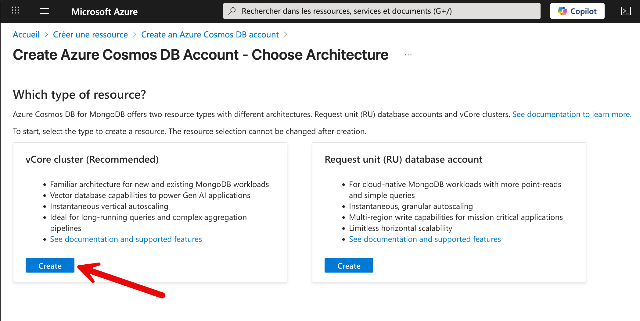 Azure Cosmos DB Choisir vCore