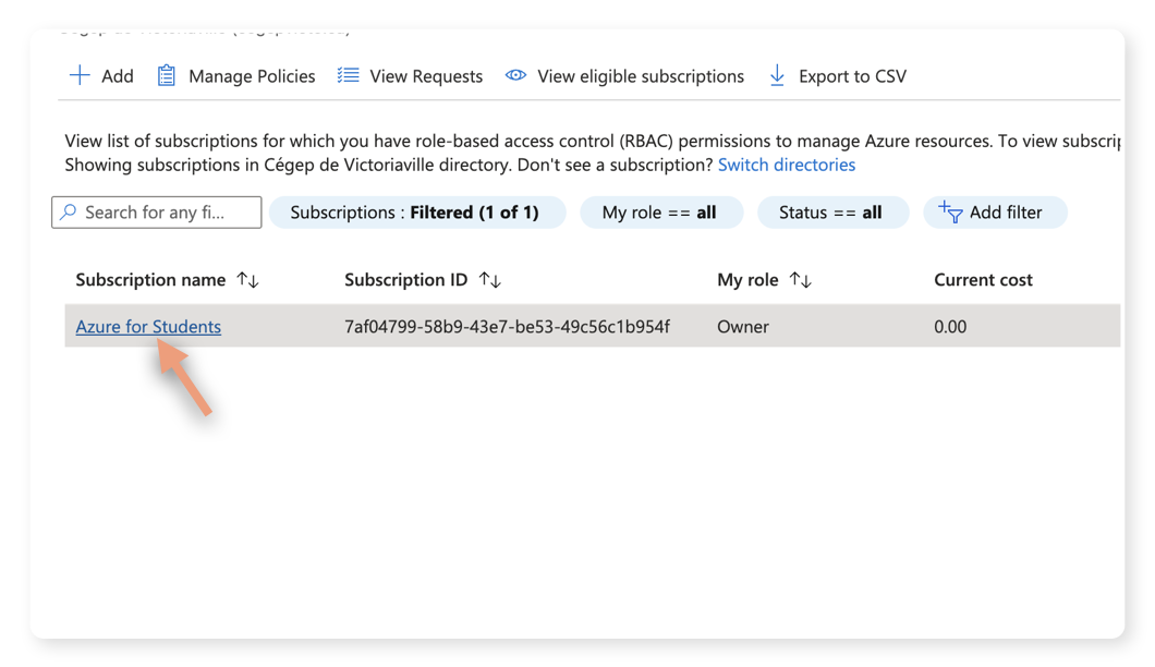 Étape 2 : Cliquer sur « Azure for Students »