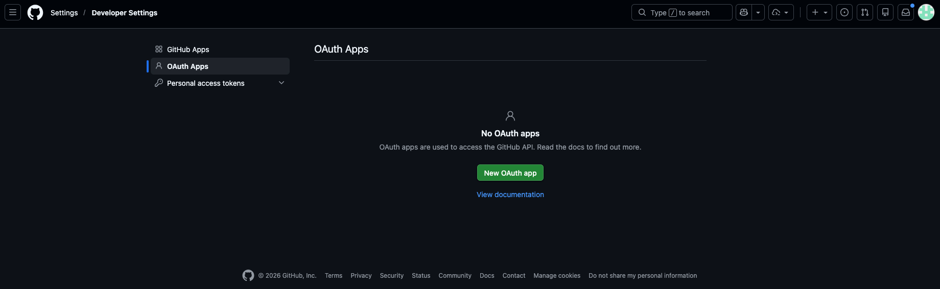 Page pour les OAuth de GitHub
